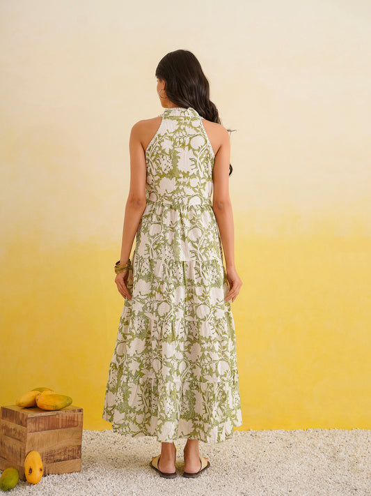 Tiered Halter Neck Dress Green
