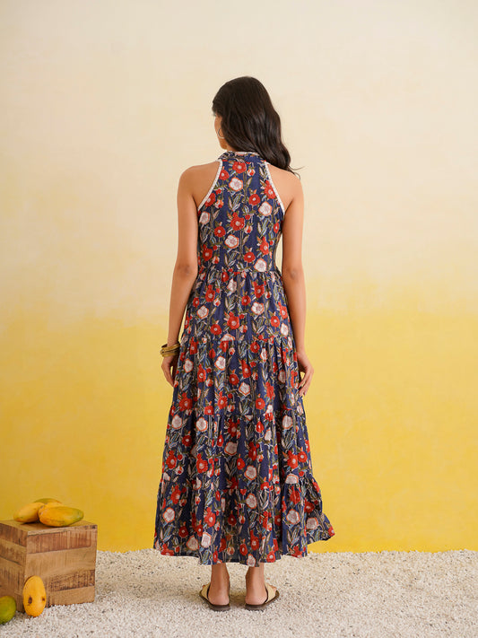 Tiered Halter Neck Dress Blue