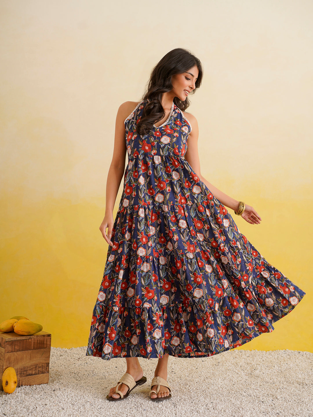 Tiered Halter Neck Dress Blue