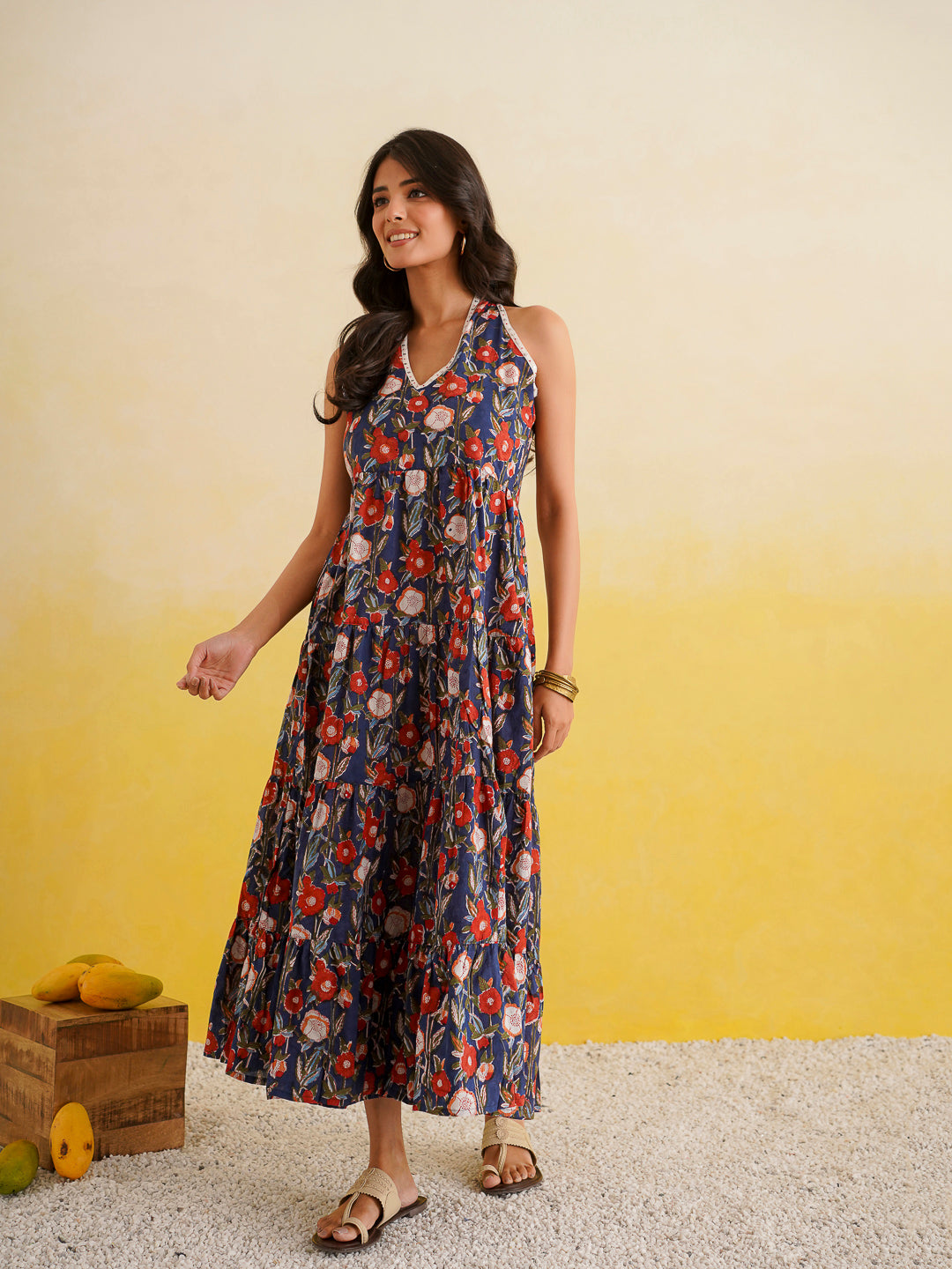 Tiered Halter Neck Dress Blue
