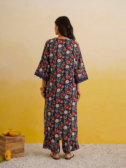 Block Printed Cotton Kurta Pant Bagiya Set Blue