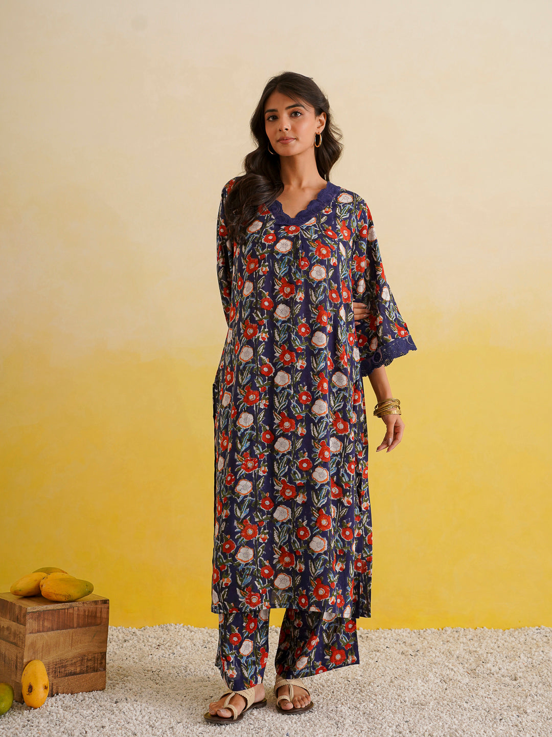 Block Printed Cotton Kurta Pant Bagiya Set Blue