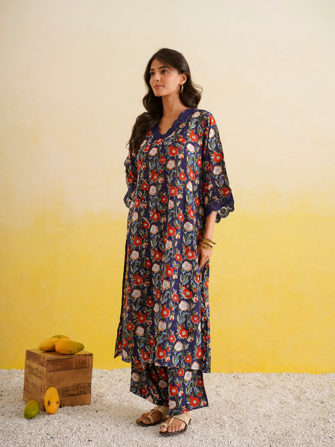 Block Printed Cotton Kurta Pant Bagiya Set Blue