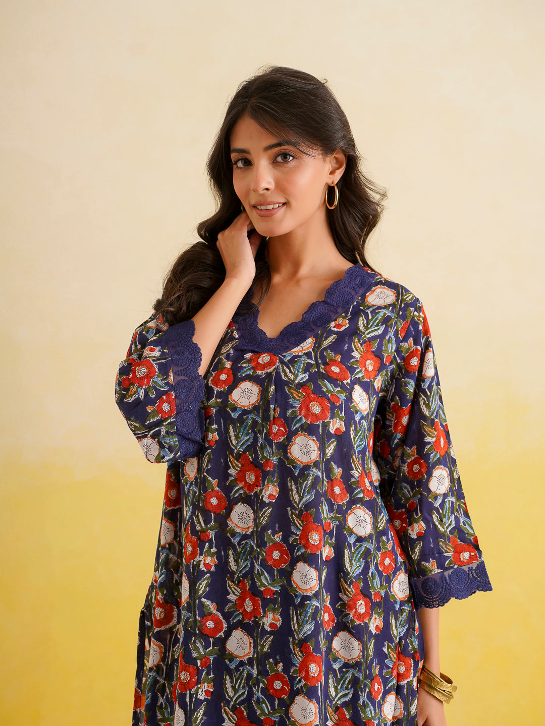 Block Printed Cotton Kurta Pant Bagiya Set Blue