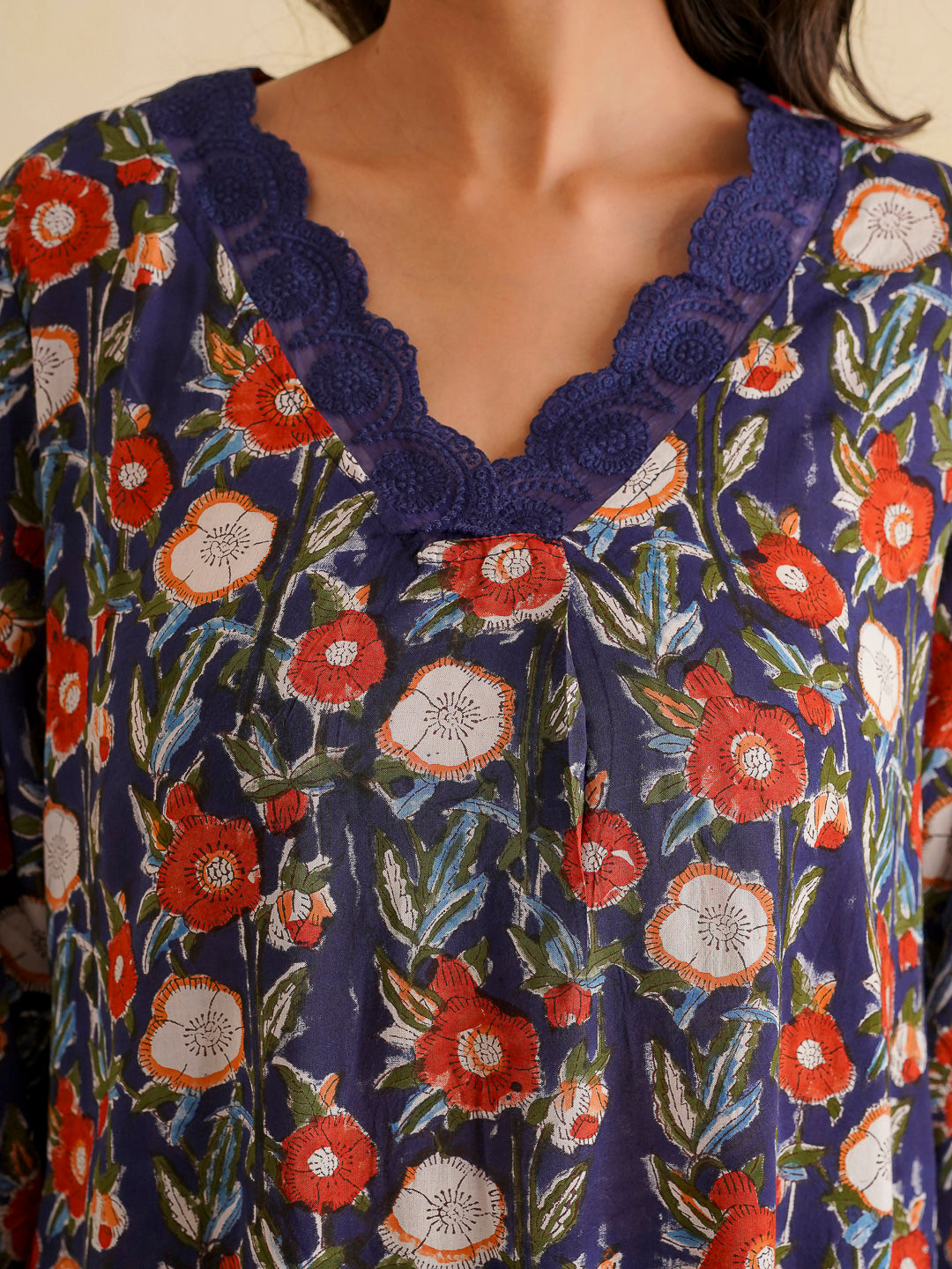 Block Printed Cotton Kurta Pant Bagiya Set Blue