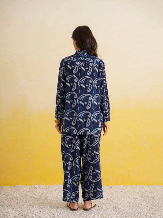 Block Printed Cotton Shirt Pant Meher Set Indigo