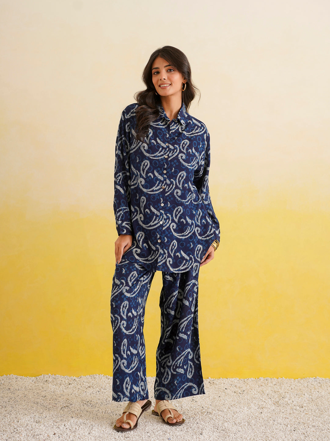 Block Printed Cotton Shirt Pant Meher Set Indigo
