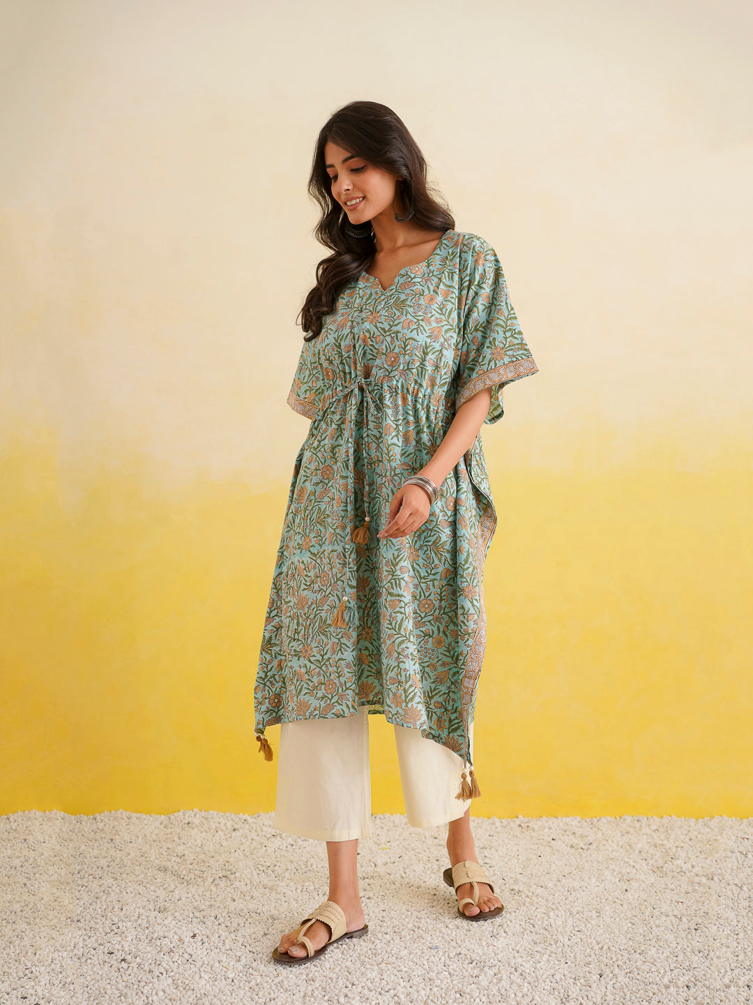 Knee-Length Cotton Tassel Kaftan Green