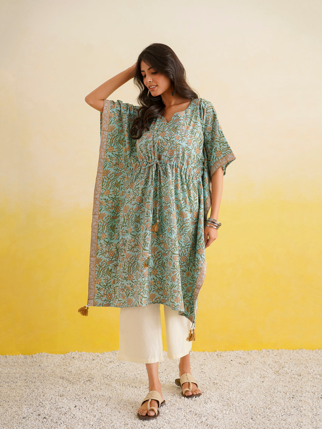 Knee-Length Cotton Tassel Kaftan Green