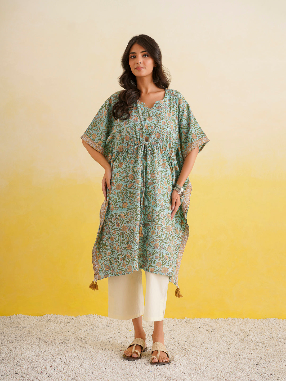 Knee-Length Cotton Tassel Kaftan Green