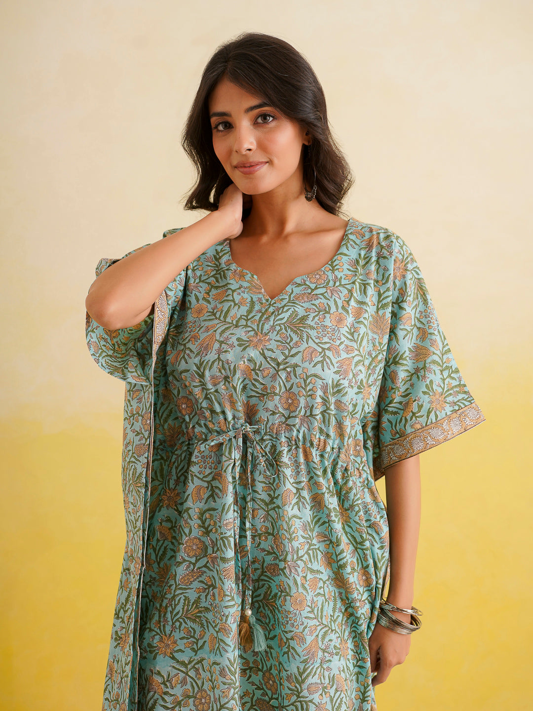 Knee-Length Cotton Tassel Kaftan Green