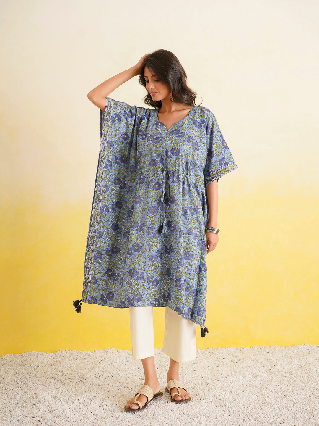 Knee-Length Cotton Tassel Kaftan Blue