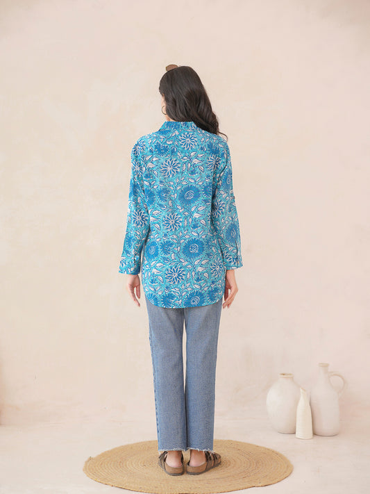 Block Printed Cotton Meher Shirt Light Blue