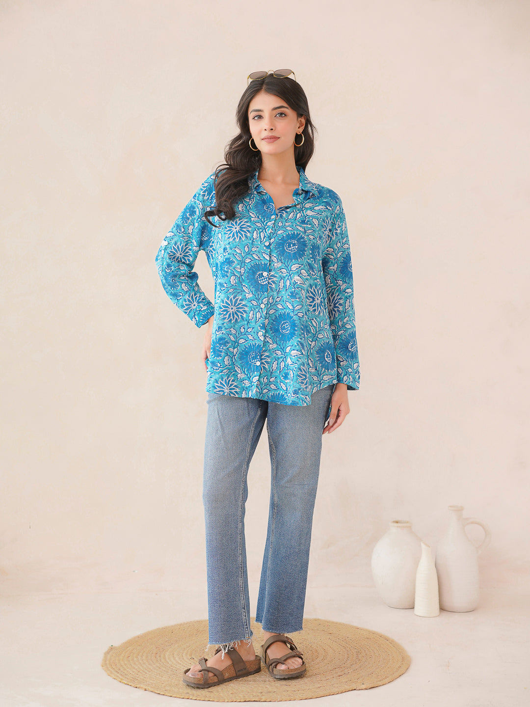 Block Printed Cotton Meher Shirt Light Blue
