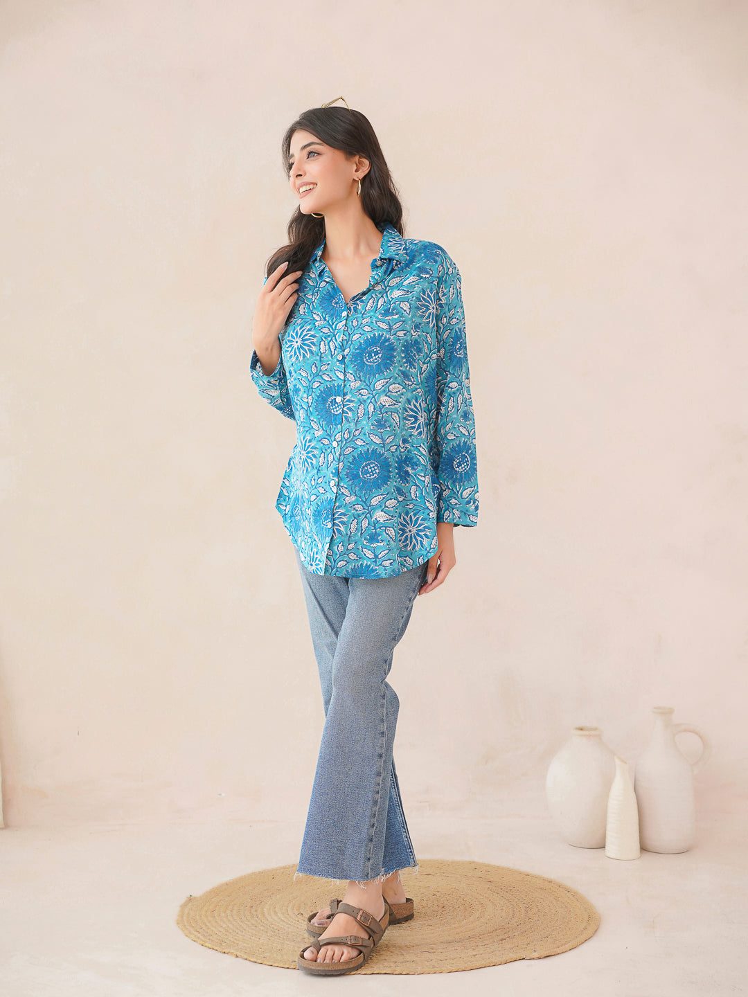 Block Printed Cotton Meher Shirt Light Blue