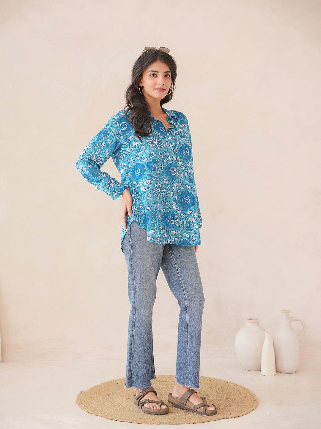 Block Printed Cotton Meher Shirt Light Blue