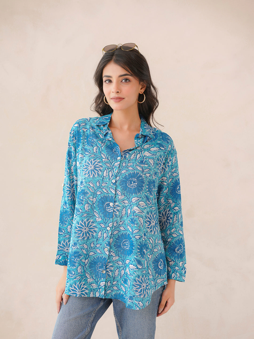 Block Printed Cotton Meher Shirt Light Blue