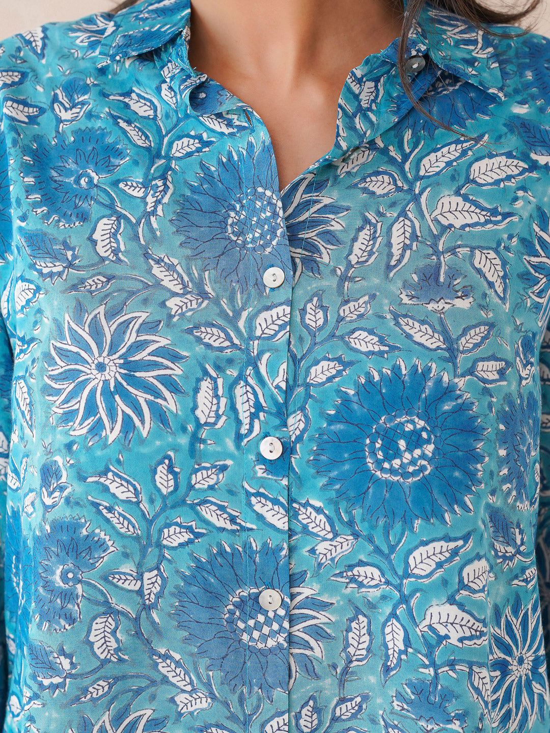 Block Printed Cotton Meher Shirt Light Blue
