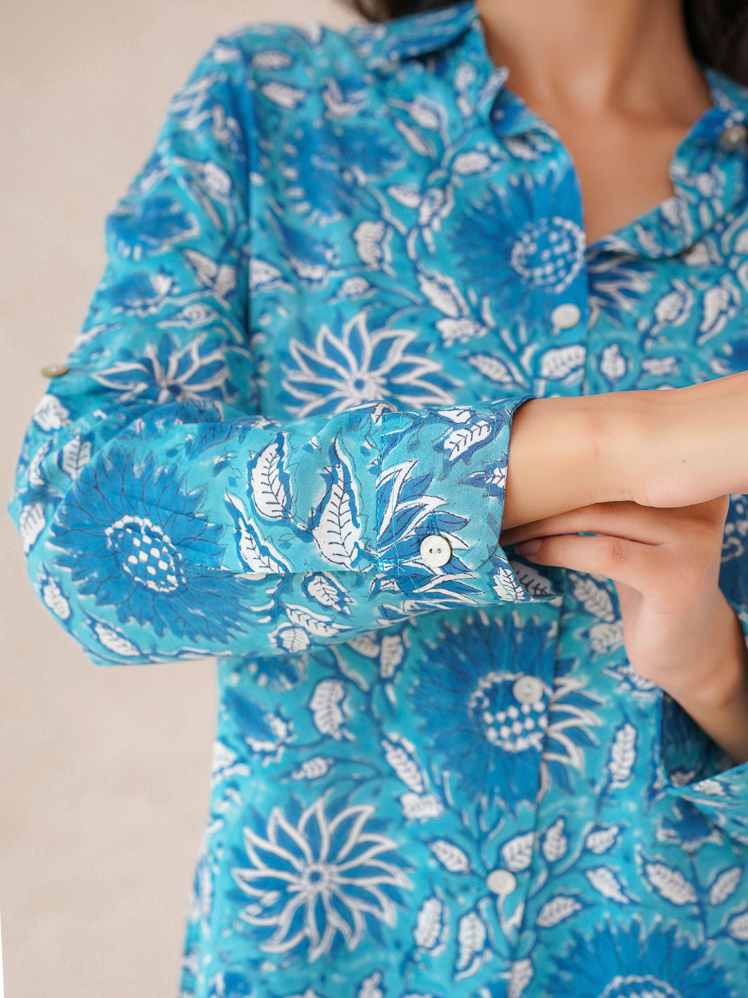 Block Printed Cotton Meher Shirt Light Blue