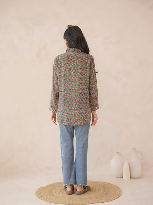 Block Printed Cotton Meher Shirt Green