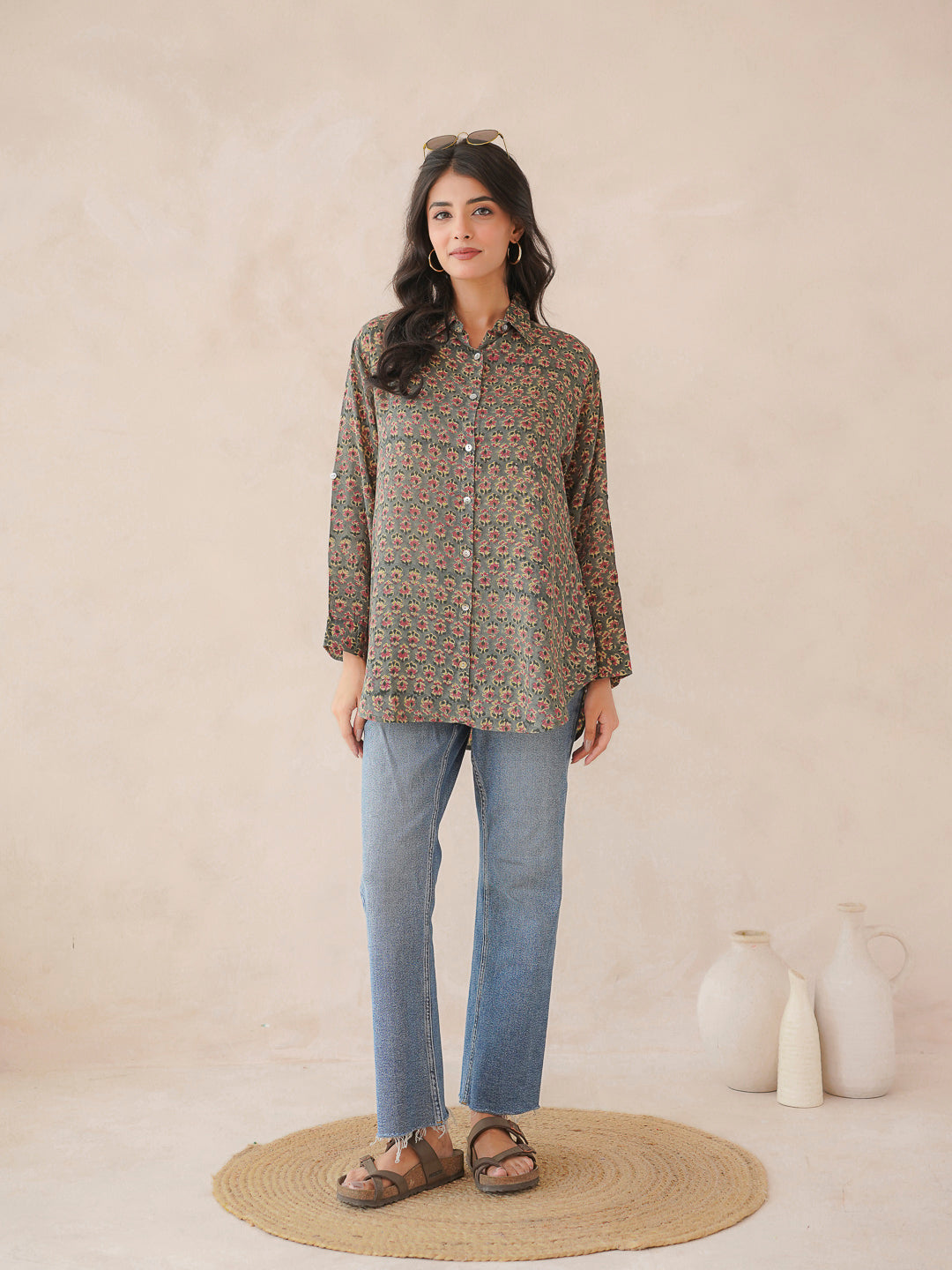 Block Printed Cotton Meher Shirt Green