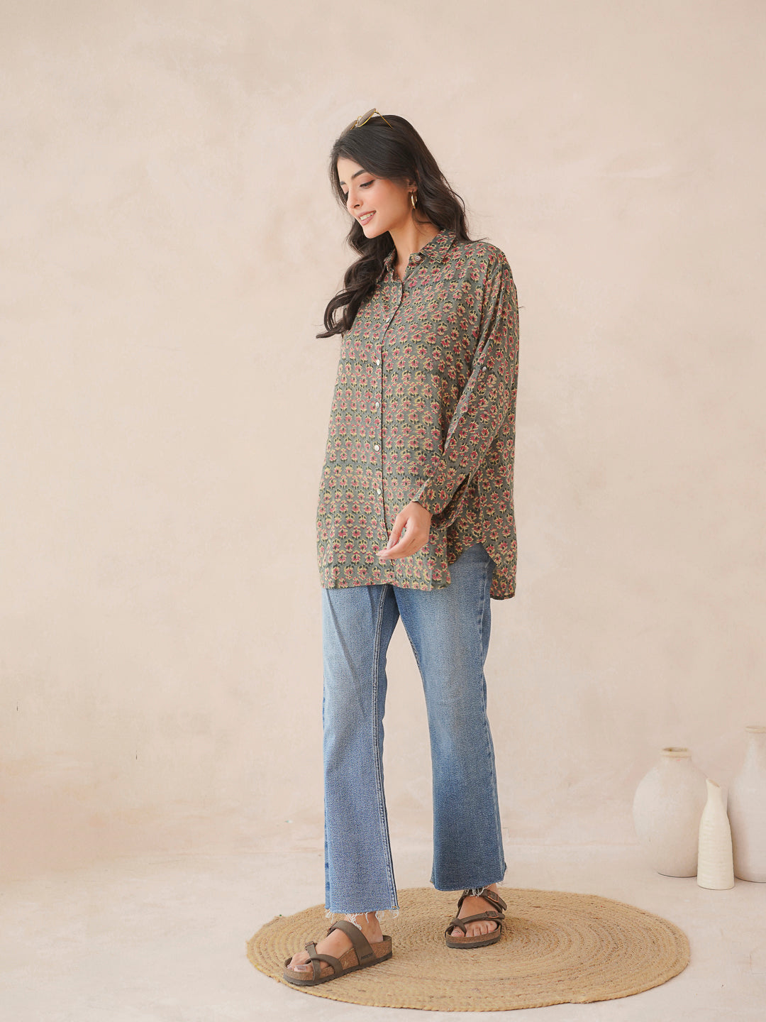 Block Printed Cotton Meher Shirt Green