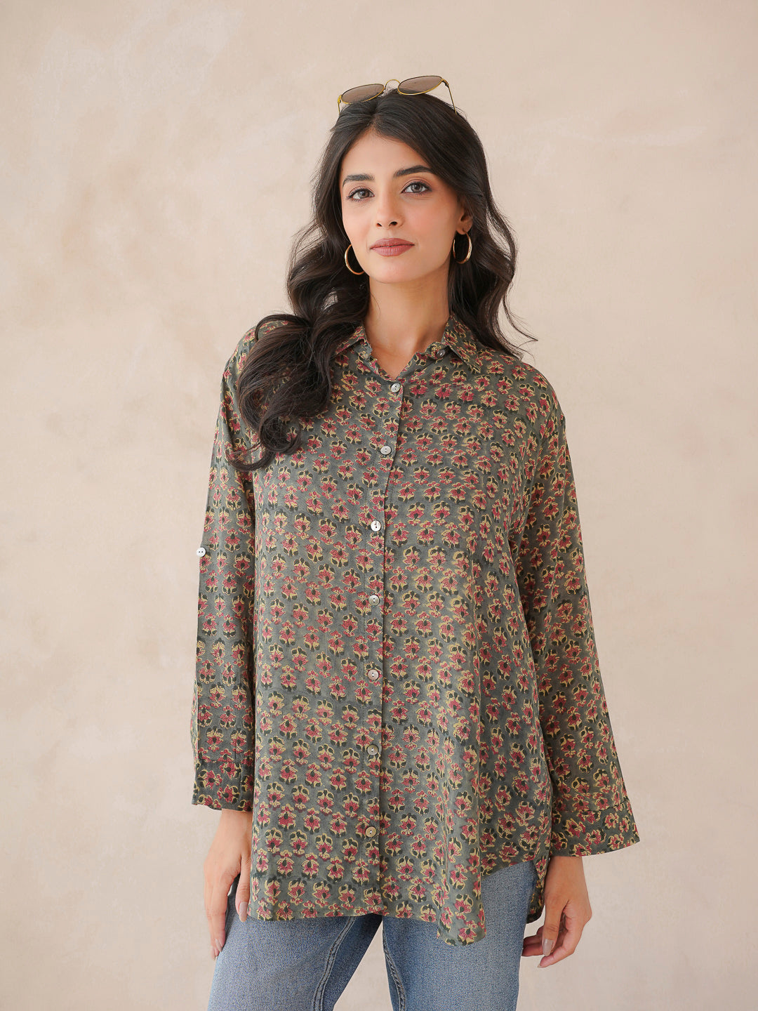 Block Printed Cotton Meher Shirt Green