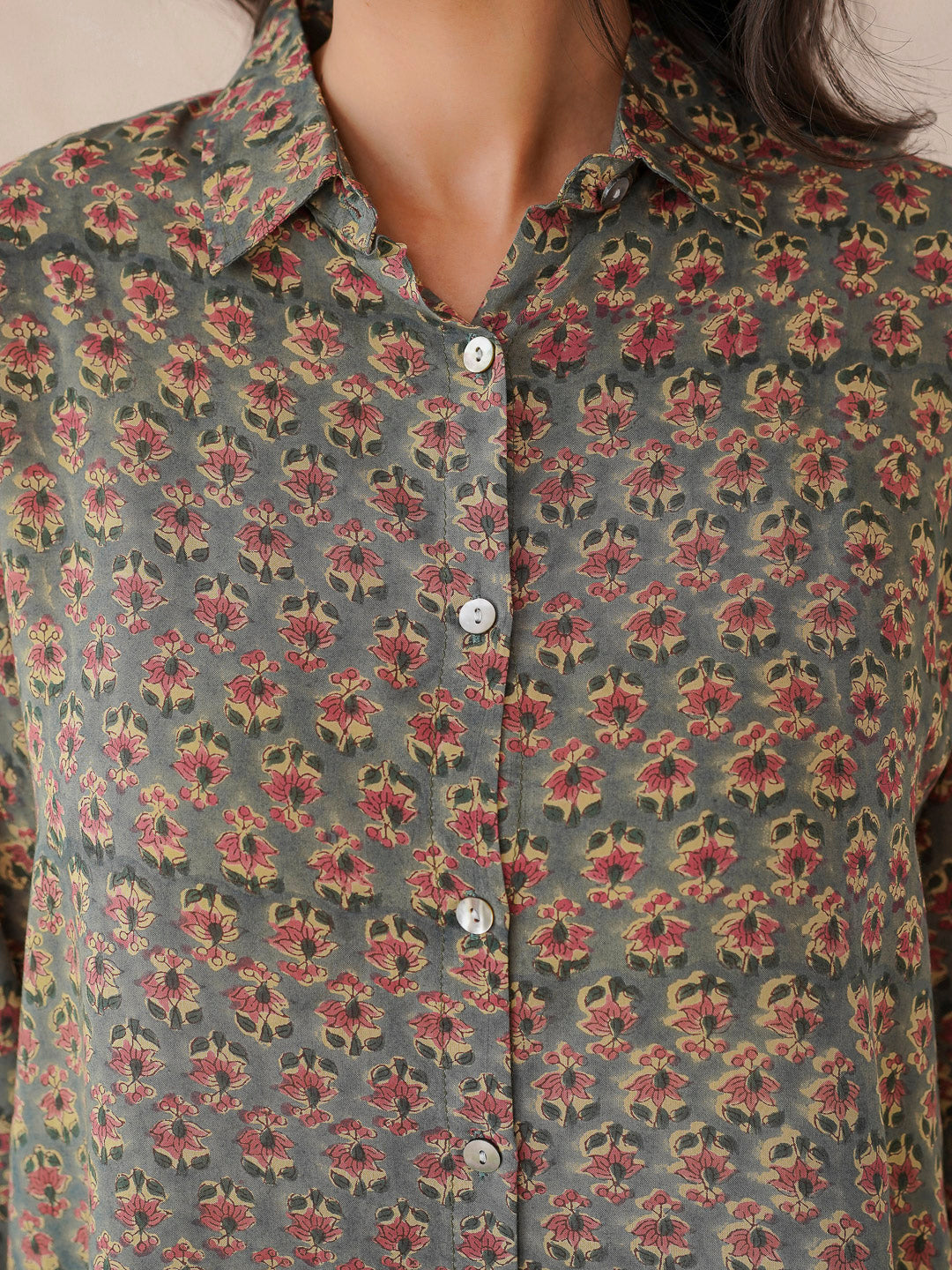 Block Printed Cotton Meher Shirt Green