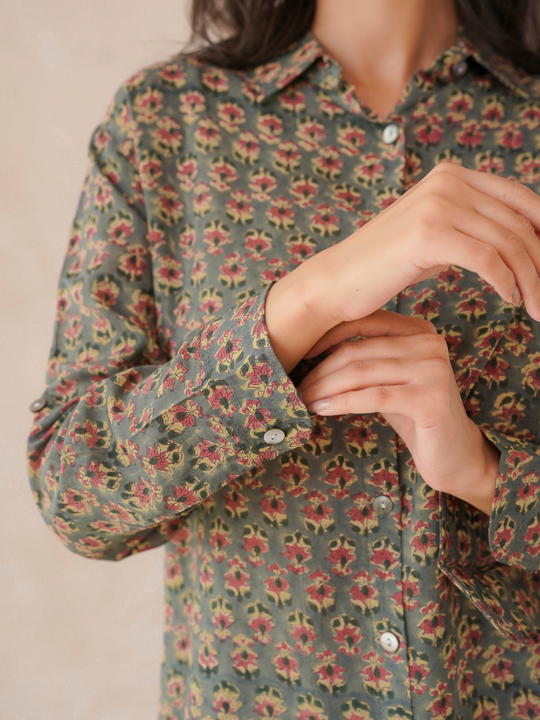 Block Printed Cotton Meher Shirt Green