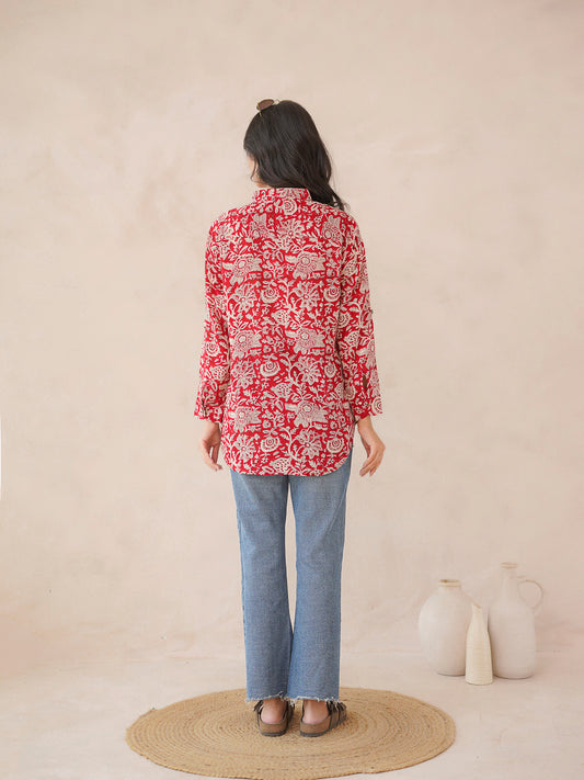 Block Printed Cotton Meher Shirt Cherry Red