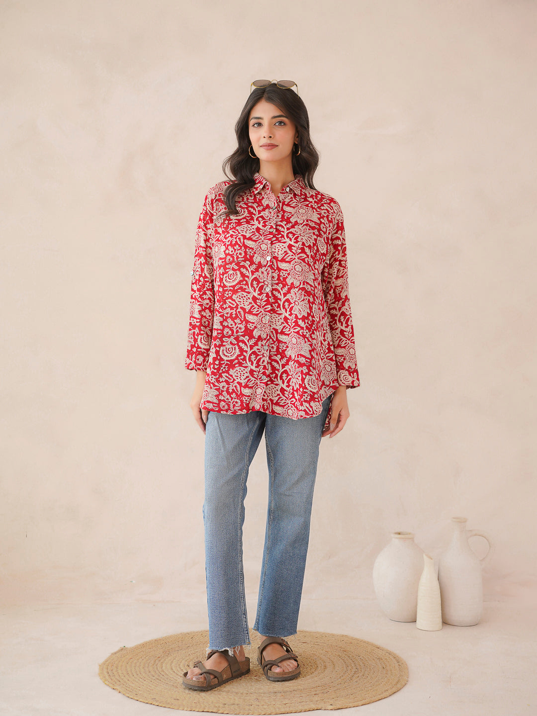 Block Printed Cotton Meher Shirt Cherry Red