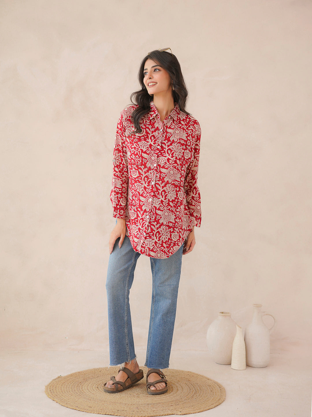 Block Printed Cotton Meher Shirt Cherry Red