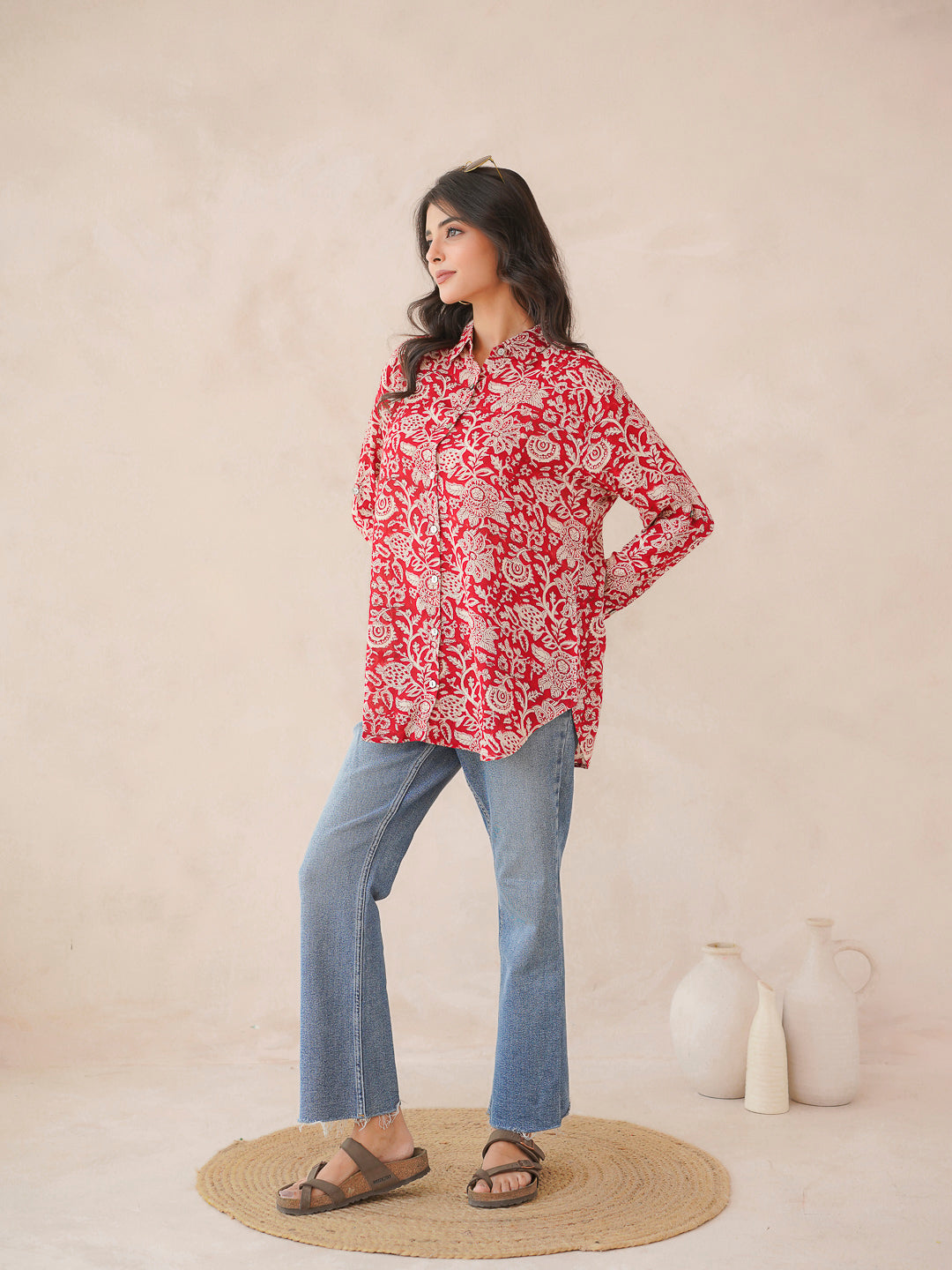 Block Printed Cotton Meher Shirt Cherry Red