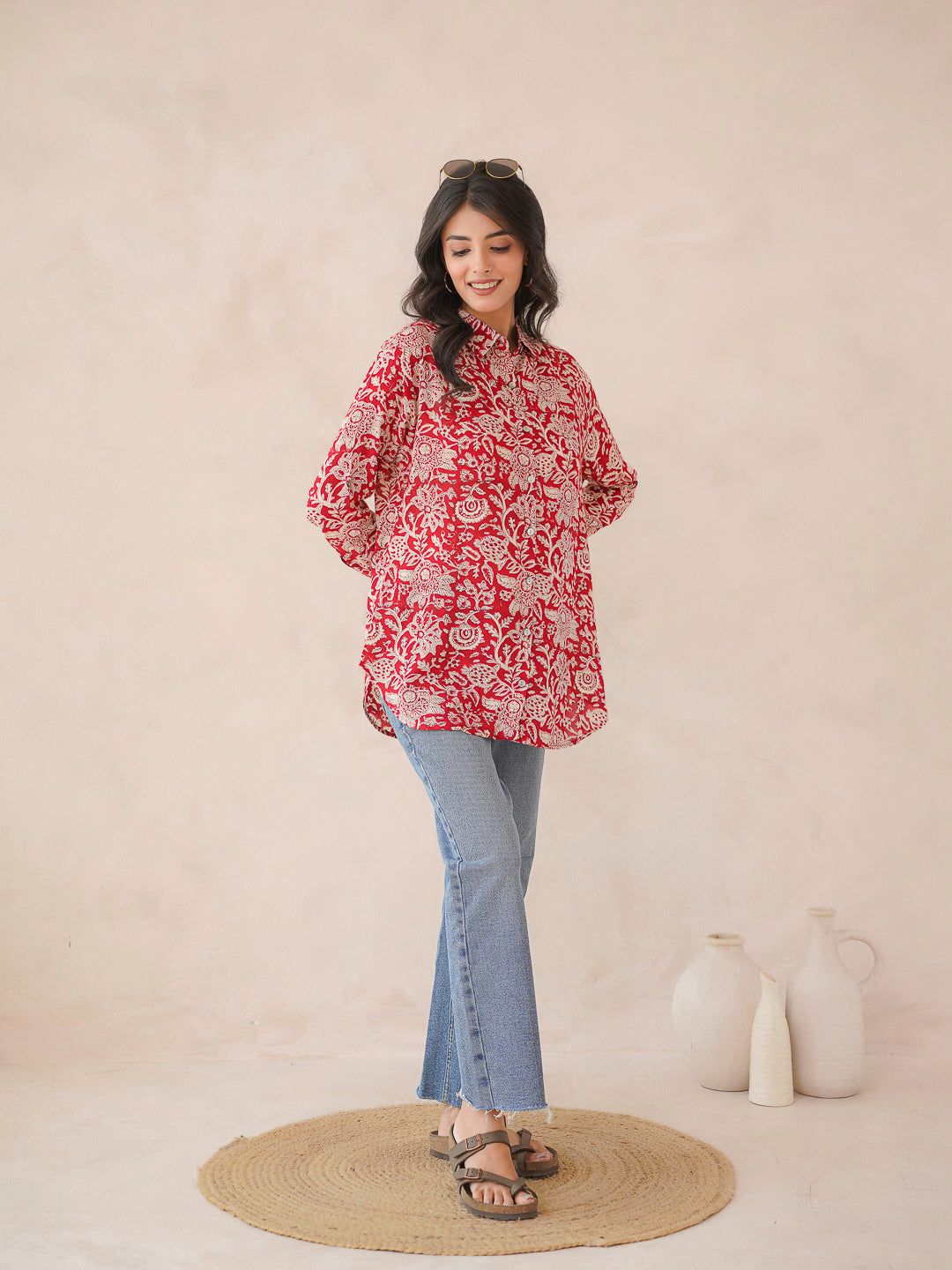 Block Printed Cotton Meher Shirt Cherry Red