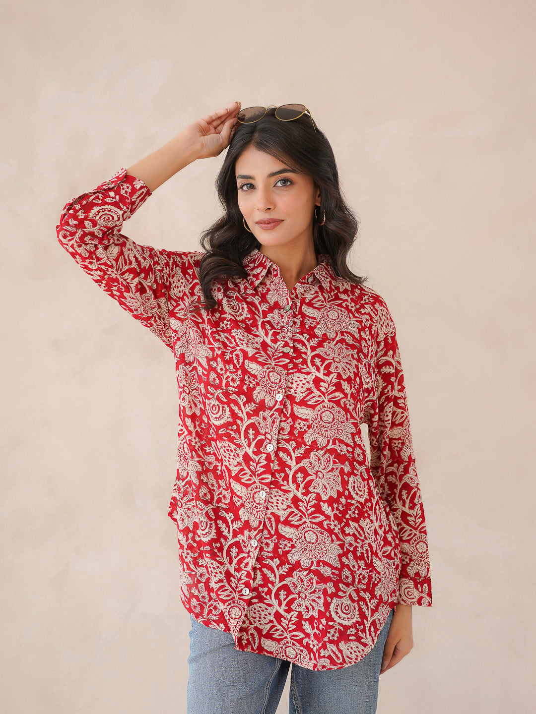 Block Printed Cotton Meher Shirt Cherry Red
