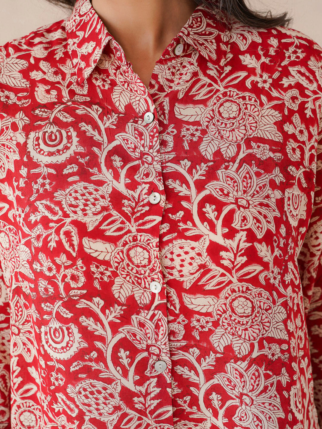 Block Printed Cotton Meher Shirt Cherry Red