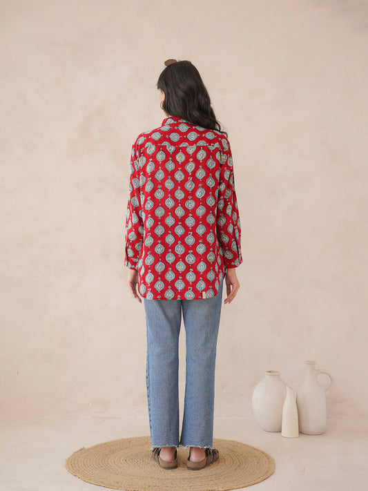 Block Printed Cotton Meher Shirt Red