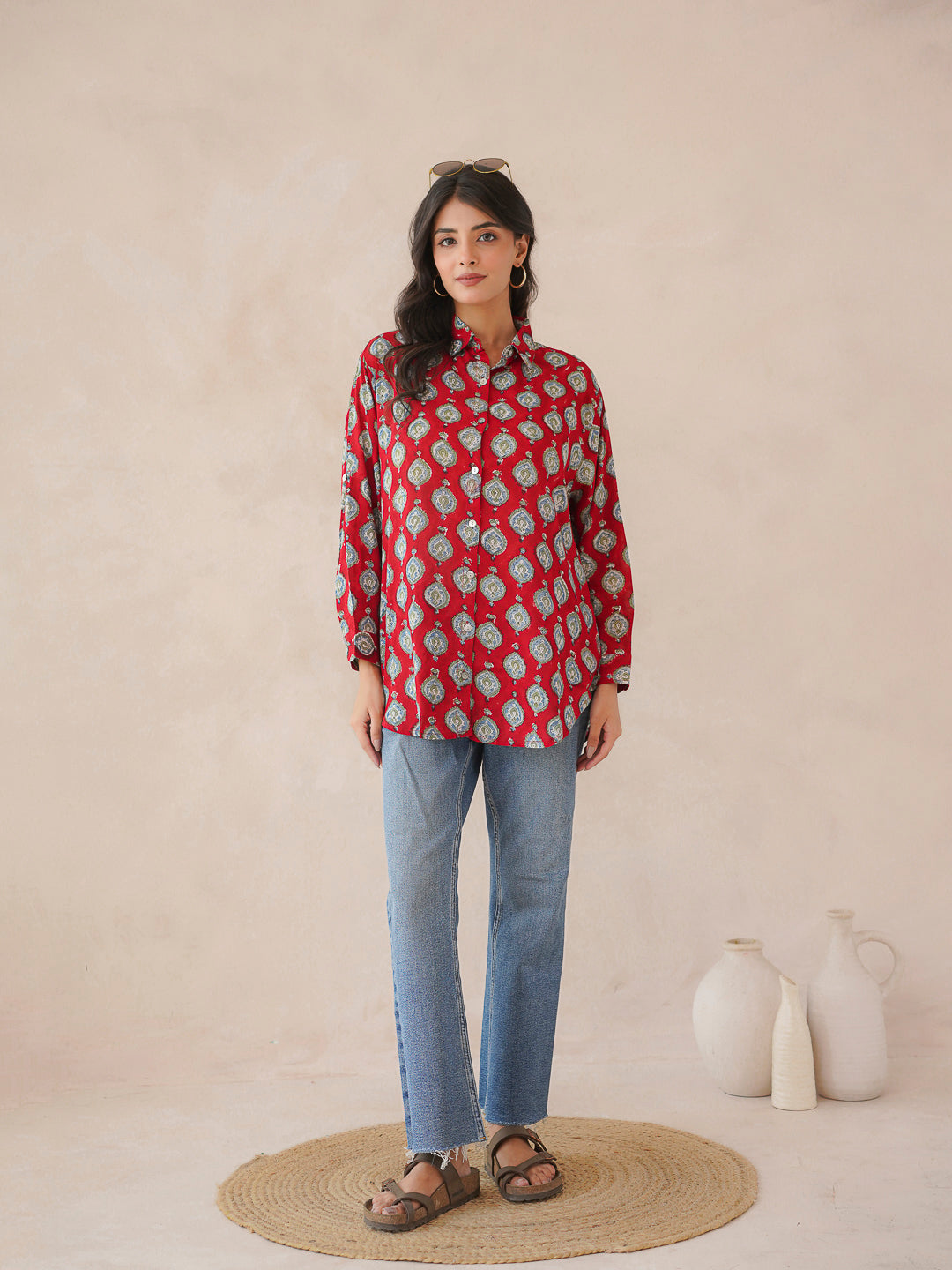Block Printed Cotton Meher Shirt Red