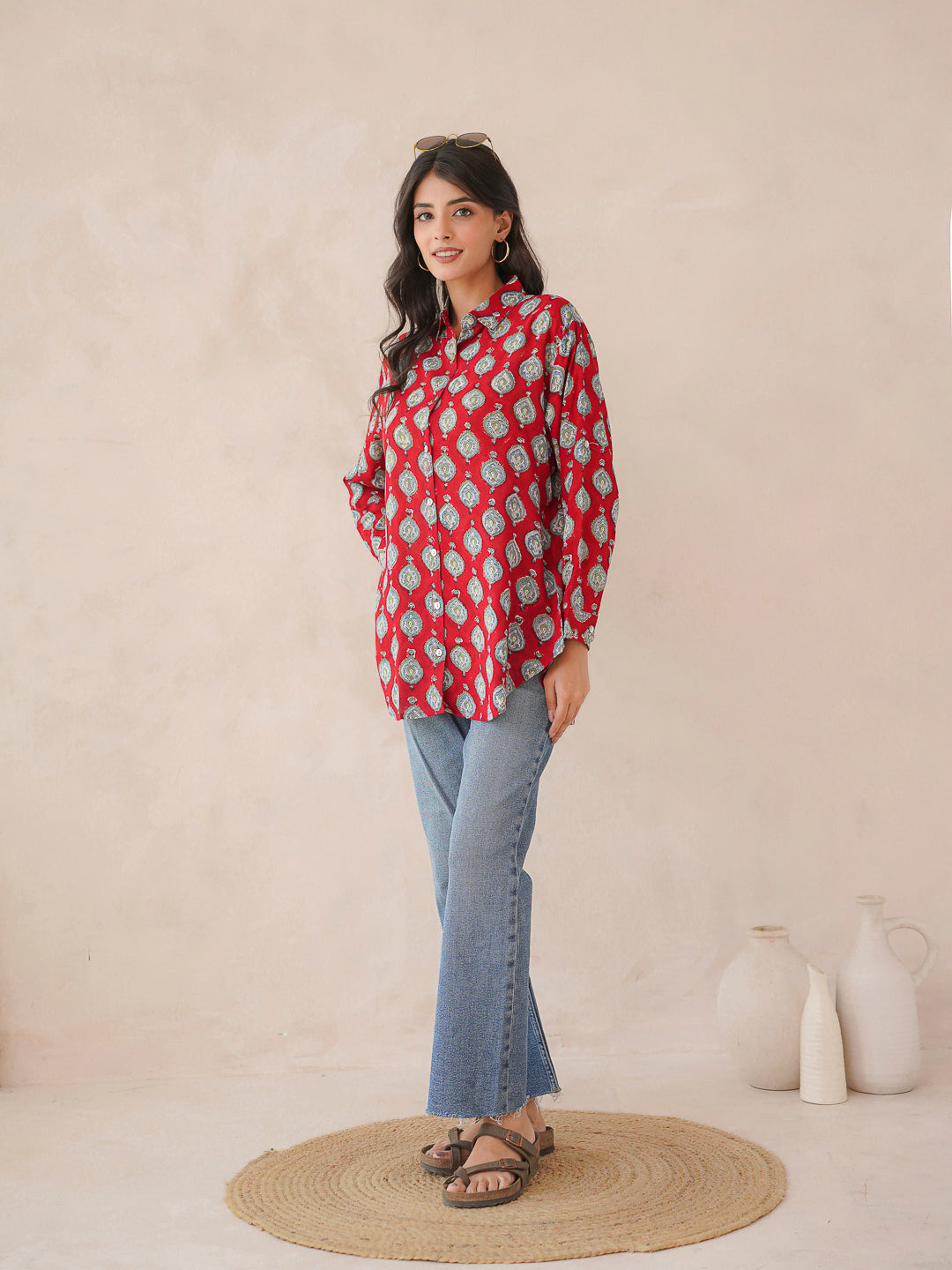Block Printed Cotton Meher Shirt Red