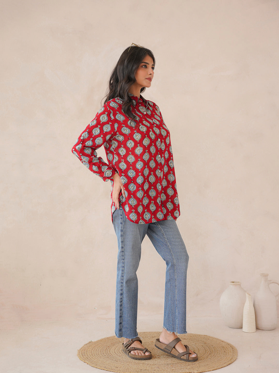 Block Printed Cotton Meher Shirt Red