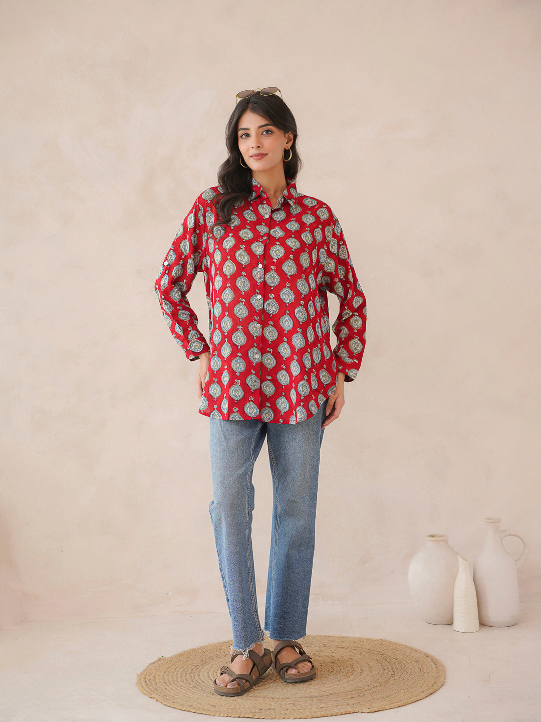 Block Printed Cotton Meher Shirt Red