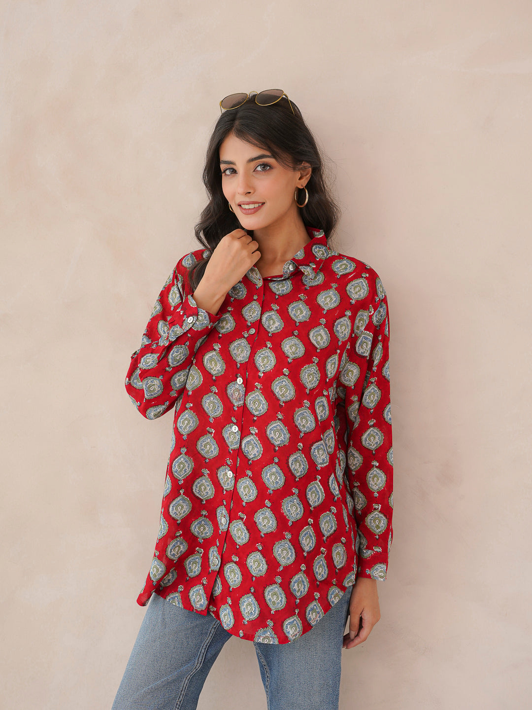 Block Printed Cotton Meher Shirt Red