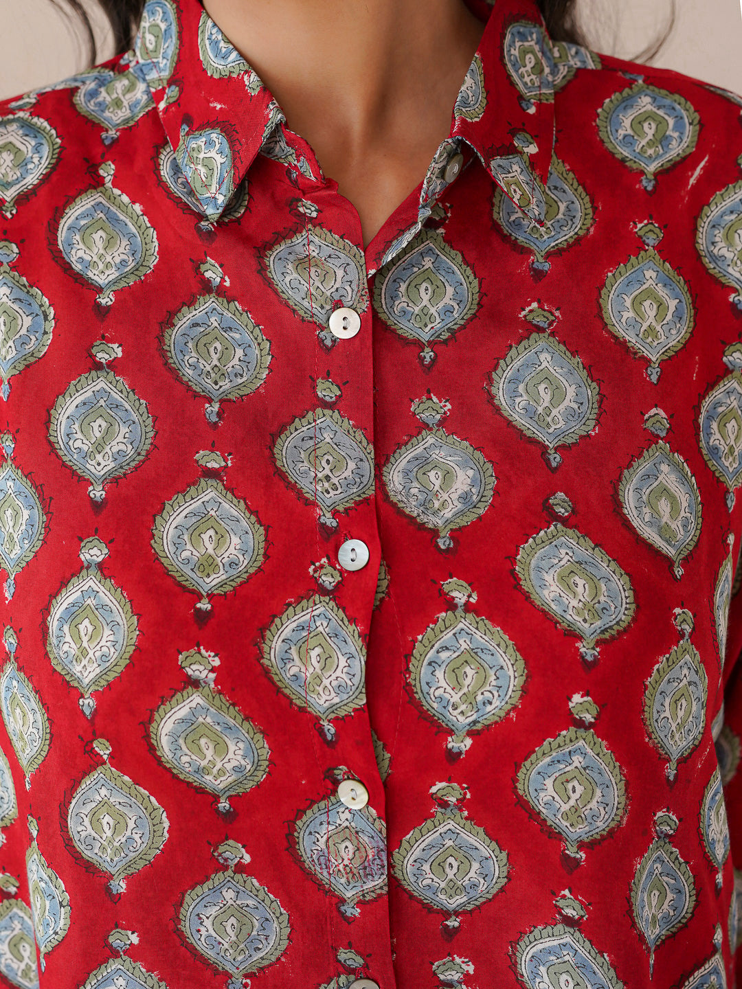 Block Printed Cotton Meher Shirt Red