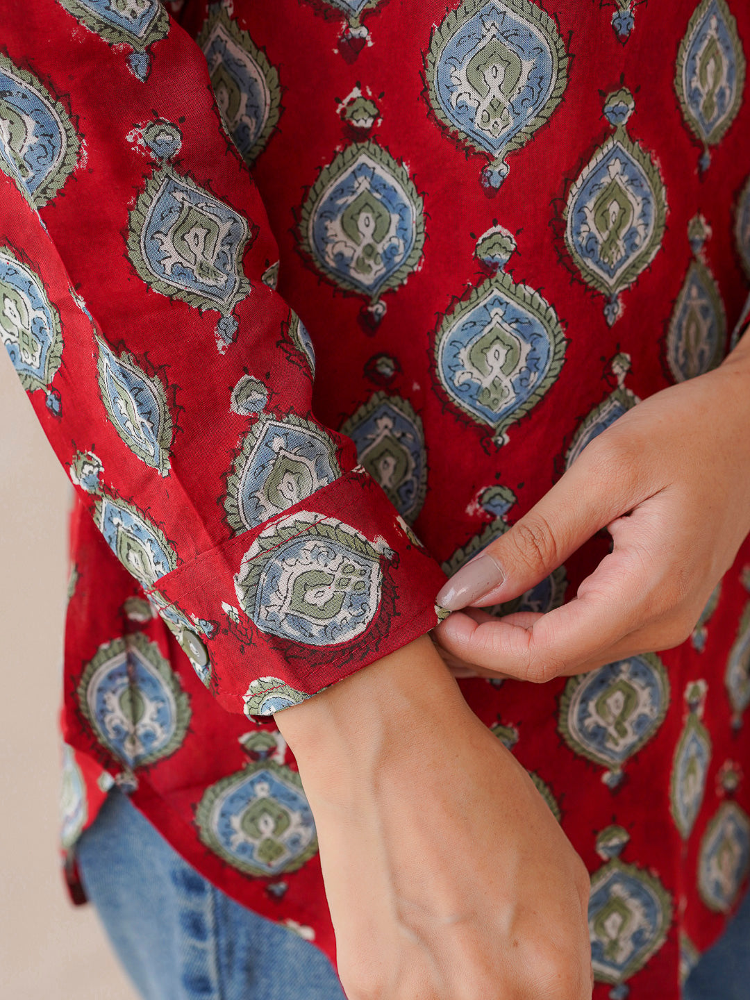 Block Printed Cotton Meher Shirt Red