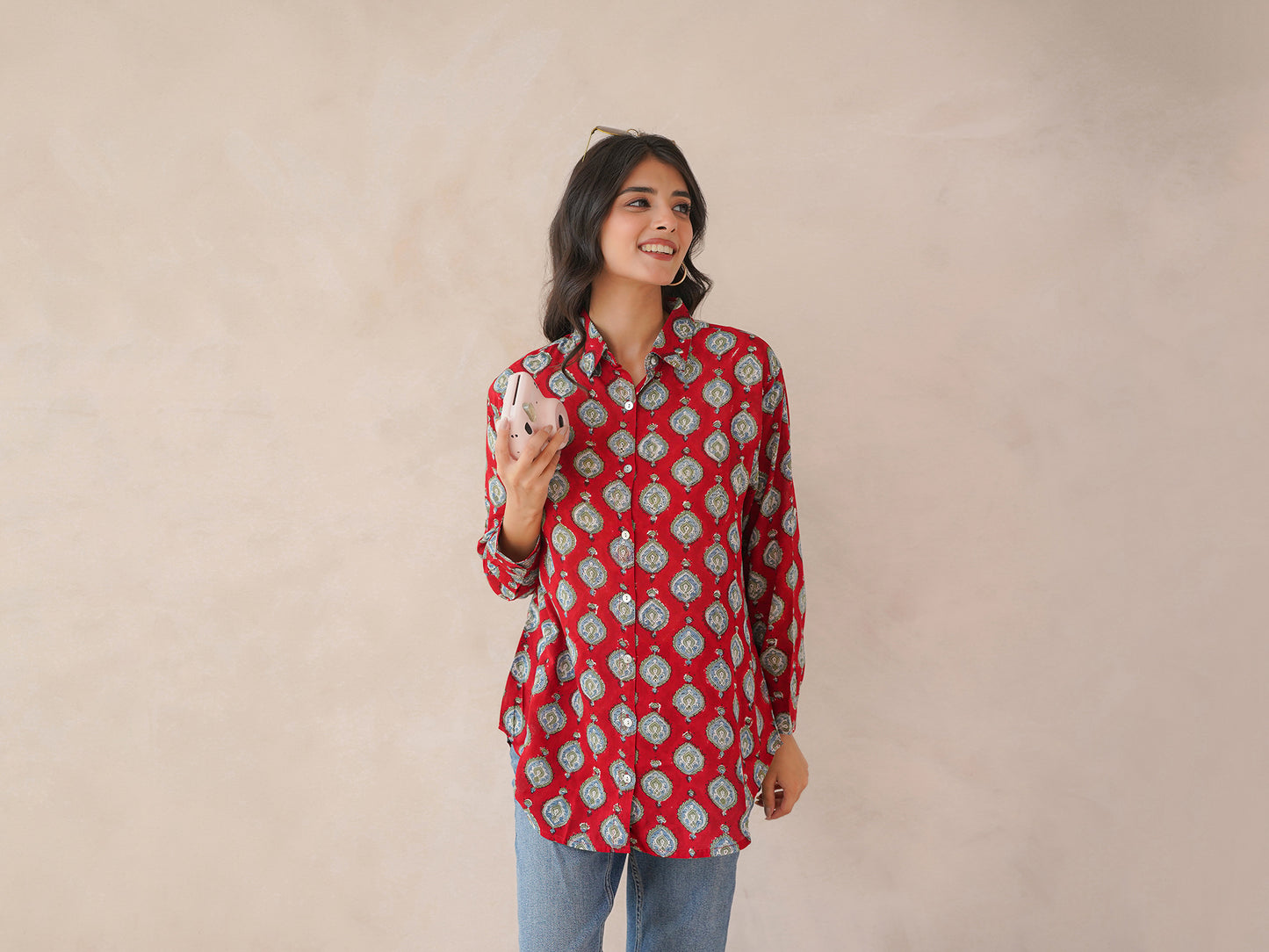Block Printed Cotton Meher Shirt Red