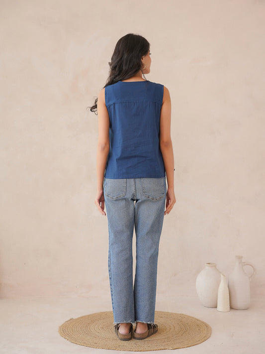 Solid Cotton Sleeveless Breezy Top Blue