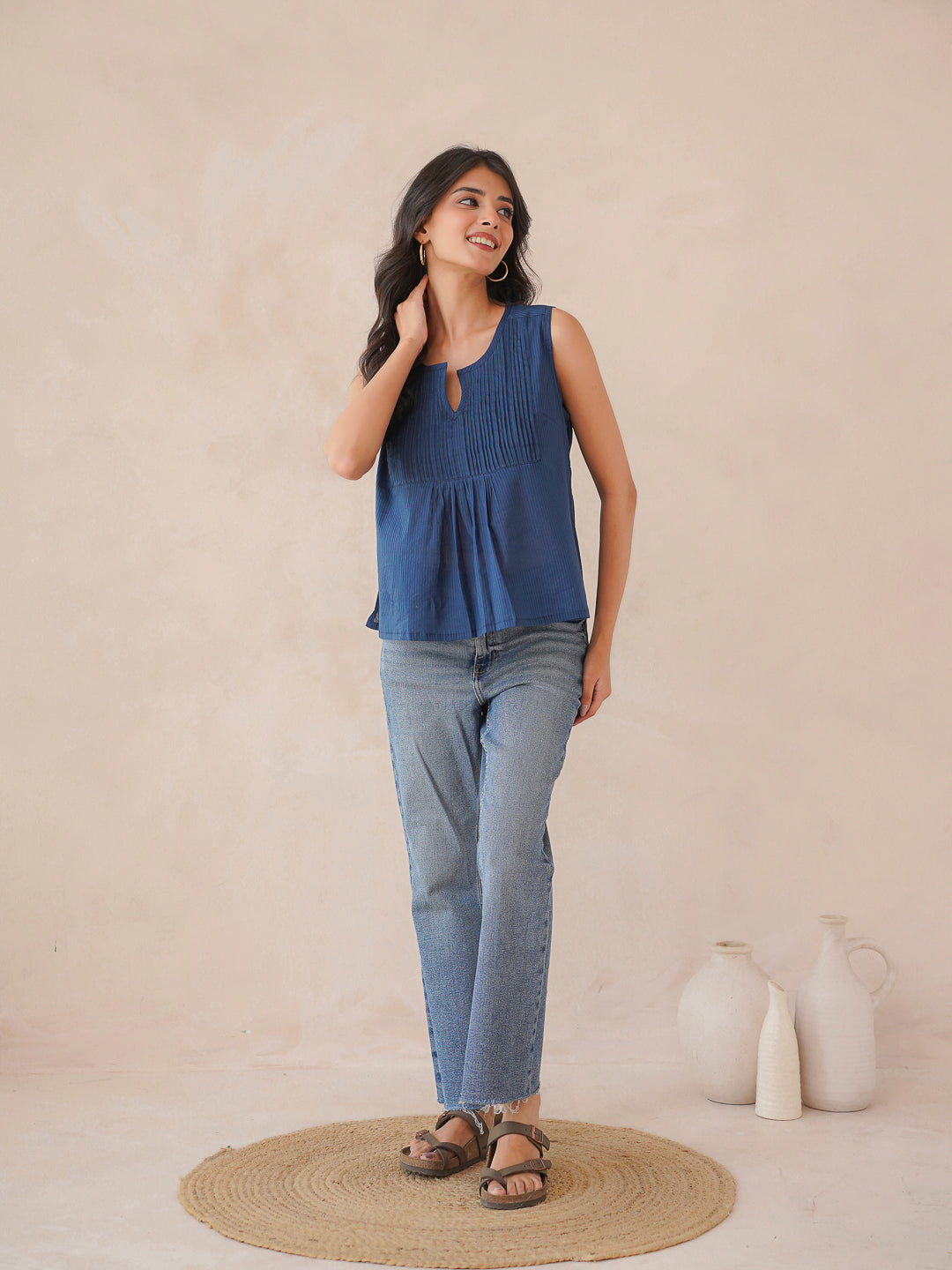 Solid Cotton Sleeveless Breezy Top Blue