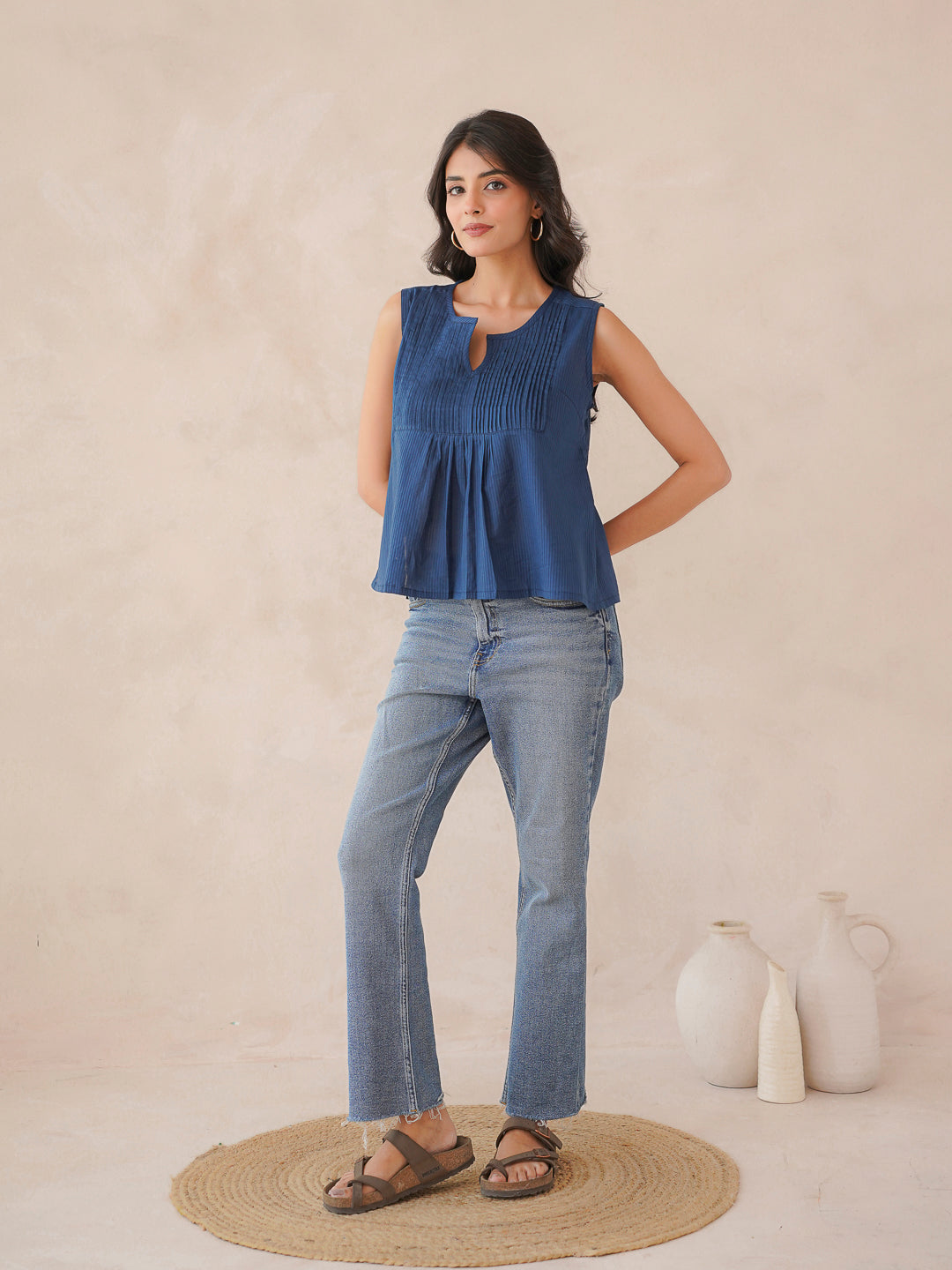 Solid Cotton Sleeveless Breezy Top Blue