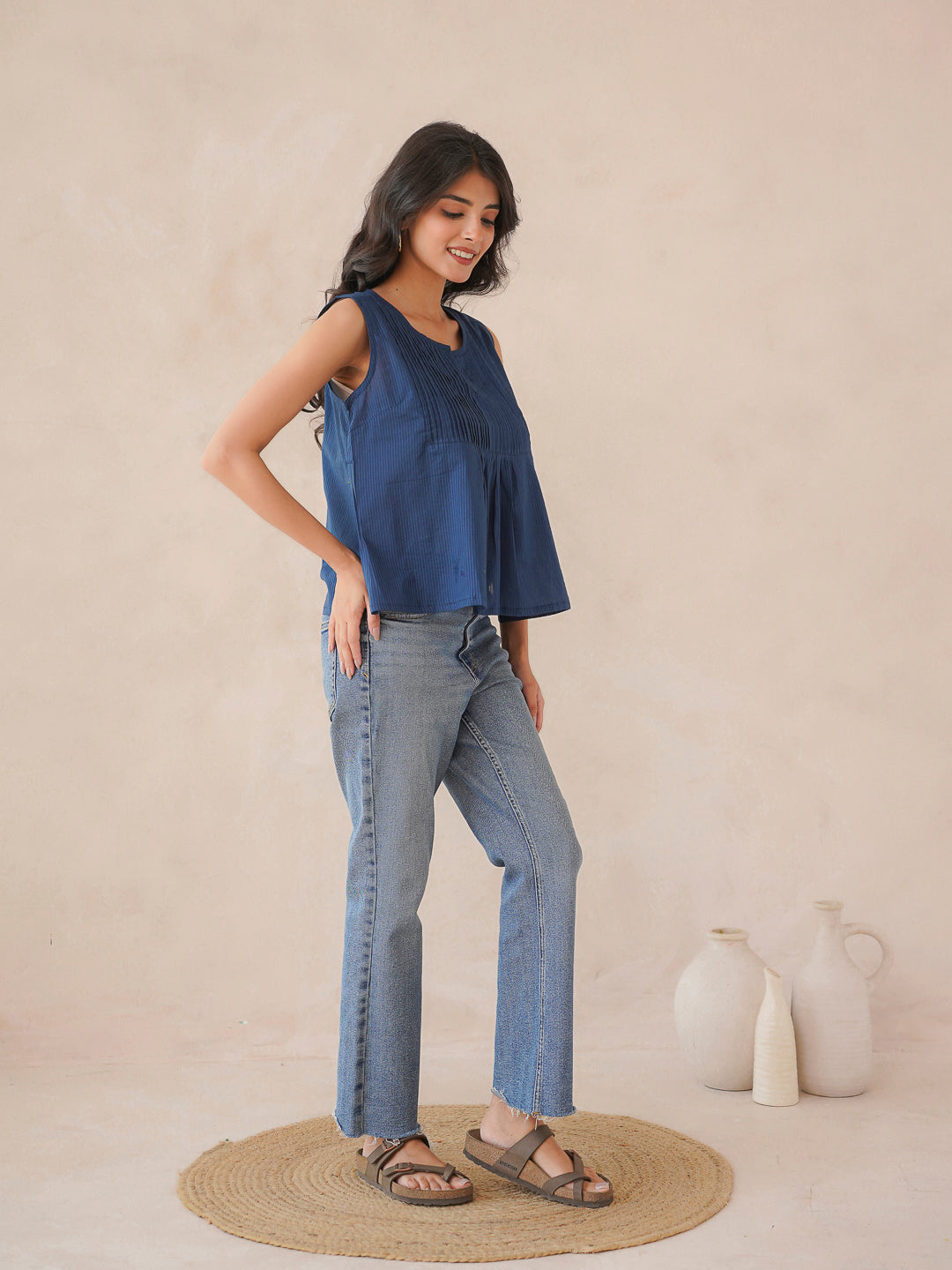 Solid Cotton Sleeveless Breezy Top Blue