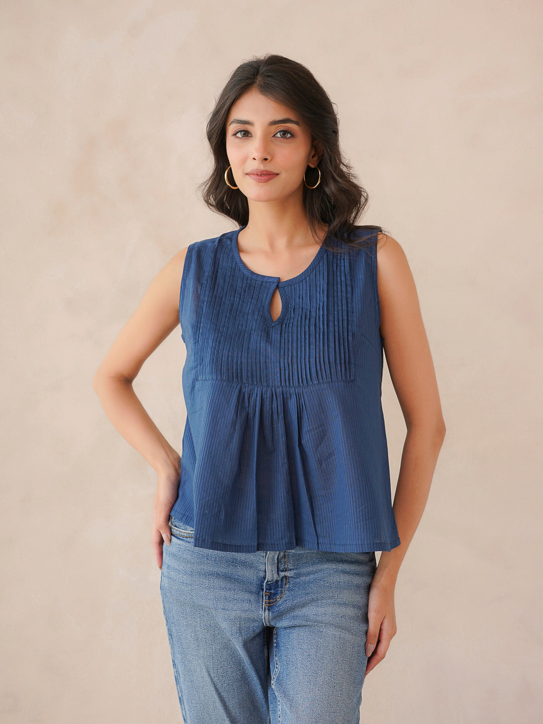 Solid Cotton Sleeveless Breezy Top Blue